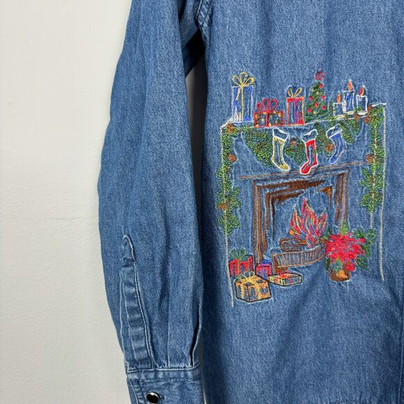 VTG 90s Denim Christmas Holiday Santa Embroidered Velvet Collar Button Down - Picture 2 of 4